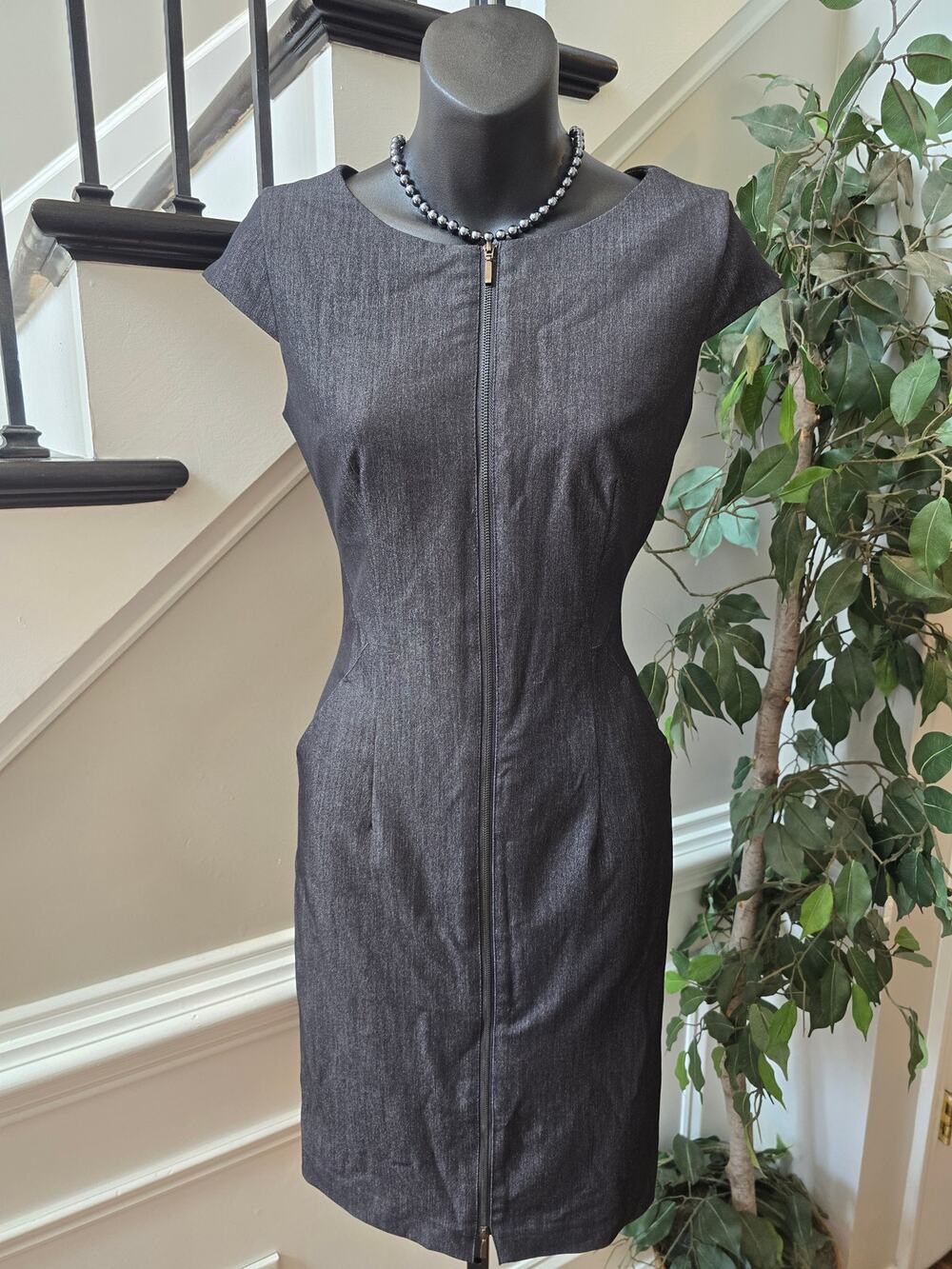 Calvin Klein Sheath Dress Women's SZ 2 Charcoal Full Zip Cap Sleeve Slash Pocket